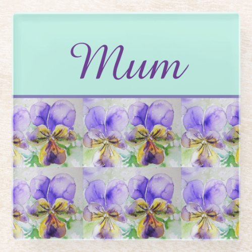 Viola Flower Aqua Stripe floral Mom Mothers Day Glass Coaster