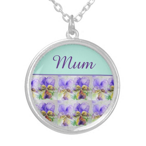 Viola Flower Aqua Stripe floral Mom Mothers Day Silver Plated Necklace