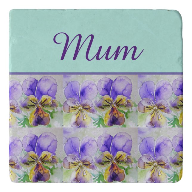 Viola Flower Aqua Stripe floral Mom Mothers Day Trivet (Front)