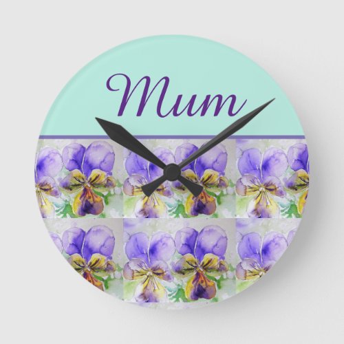 Viola Flower Aqua Stripe floral Mum Mothers Day Round Clock