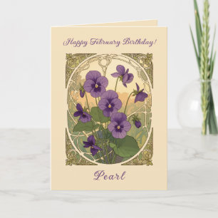 Viola Flowers February Birthday Art Nouveau Style Card