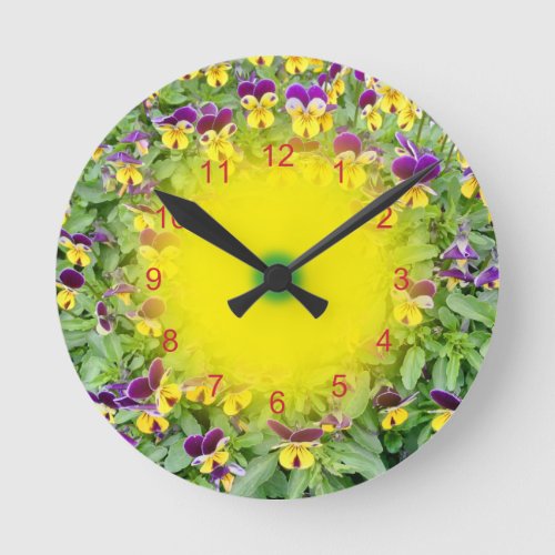 Viola flowers in a Spring Garden Round Clock