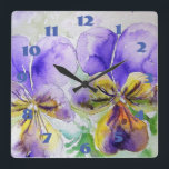 Viola Purple Pansies Watercolor Pansy Flower  Square Wall Clock<br><div class="desc">Shabby Chic Lilac Purple Pansies Pansy Floral Room Clock. Designed from my original watercolour art.</div>