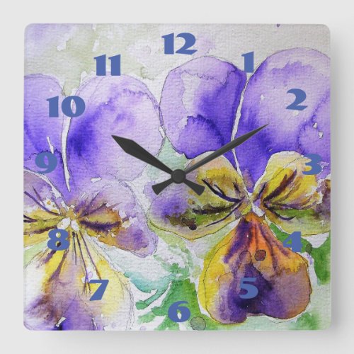 Viola Purple Pansies Watercolor Pansy Flower  Square Wall Clock