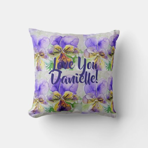 Viola Watercolor Flowers Floral Love You Cushion
