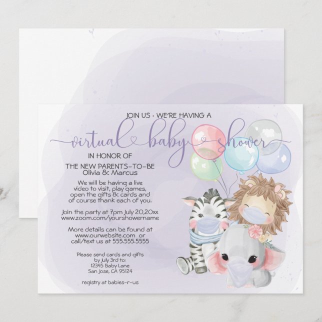 Violet 3 Cute Animals in Masks Virtual Baby Shower Invitation (Front/Back)