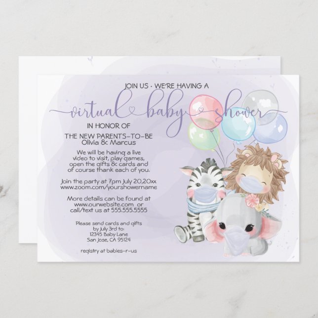 Violet 3 Cute Animals in Masks Virtual Baby Shower Invitation (Front/Back)