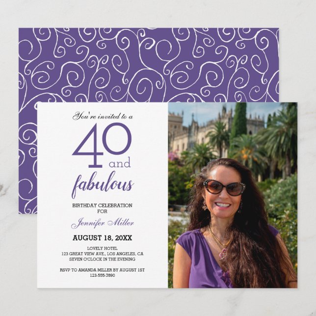 Violet 40 and Fabulous Birthday Photo Invitation (Front/Back)
