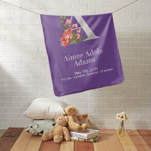 Violet A Floral Monogram Baby Girl Birth Stats  Blanket (In Situ)