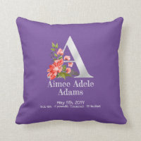 Violet A Floral Monogram Baby Girl Birth Stats Throw Pillow