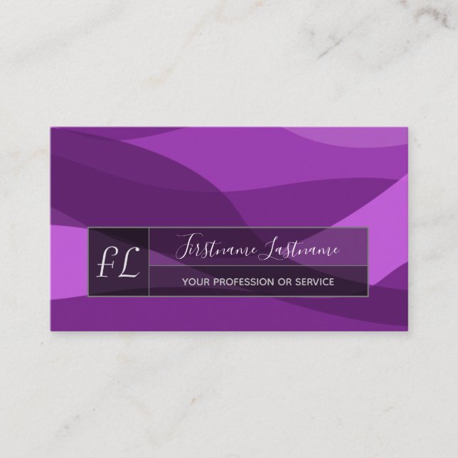 Violet abstract waves gray rectangles monogram bus business card (Front)