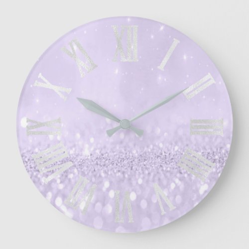 Violet Amethys Lavender Glitter Gray Roman Numbers Large Clock
