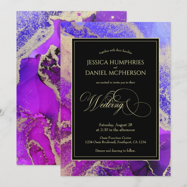 Violet Amethyst Purple Gold Moody Wedding Invitation (Front/Back)