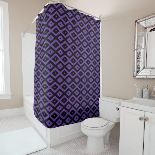 Violet and black diamond pattern shower curtain (In Situ)