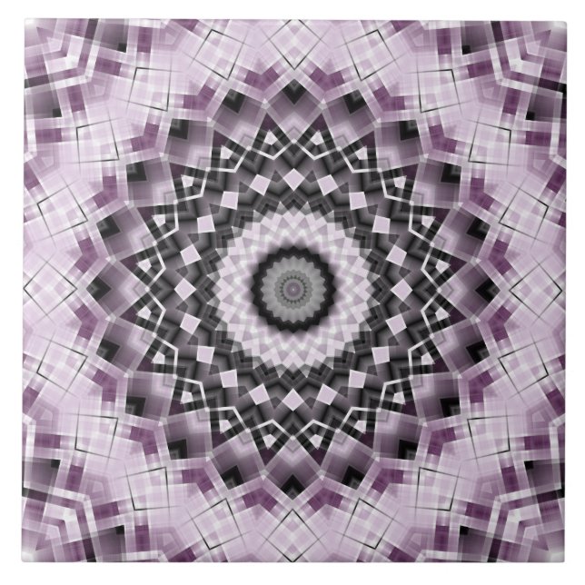 Violet and Black Geometric Mandala Pattern Design Ceramic Tile (Front)