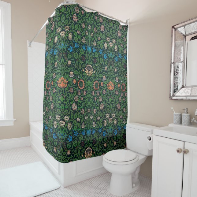Violet and Columbine, William Morris Shower Curtain (In Situ)