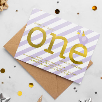 Violet And Faux Gold Foil Elephant Birthday Party Invitation by heartlocked at Zazzle