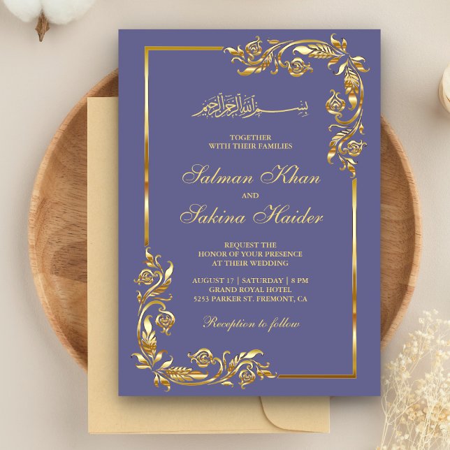 Violet and Gold Floral Border Islamic Wedding Invitation (Creator Uploaded)