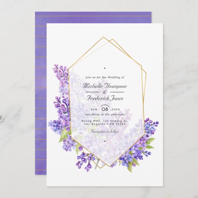 Violet and Gold Herbarium QR Code RSVP Wedding Invitation (Front/Back)