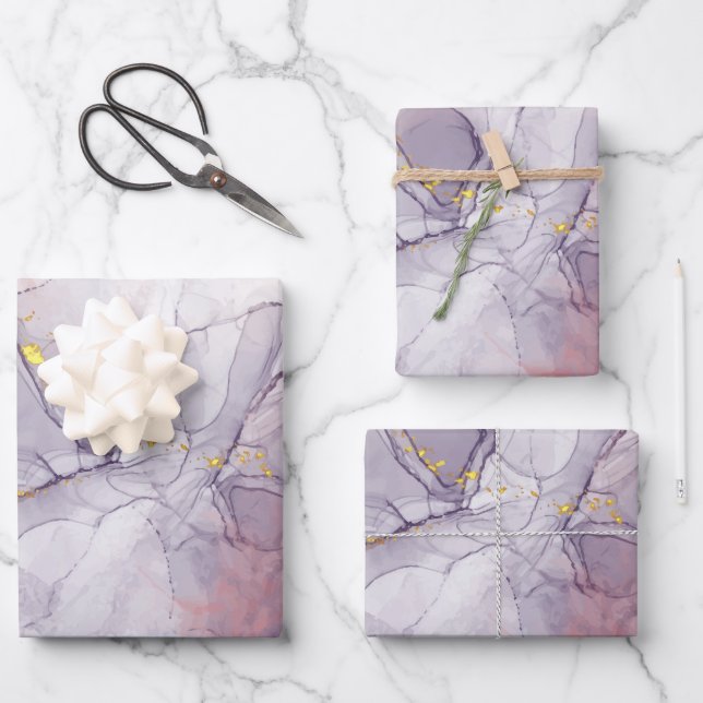 Violet and Gold Marble Wrapping Paper Sheets (Front)