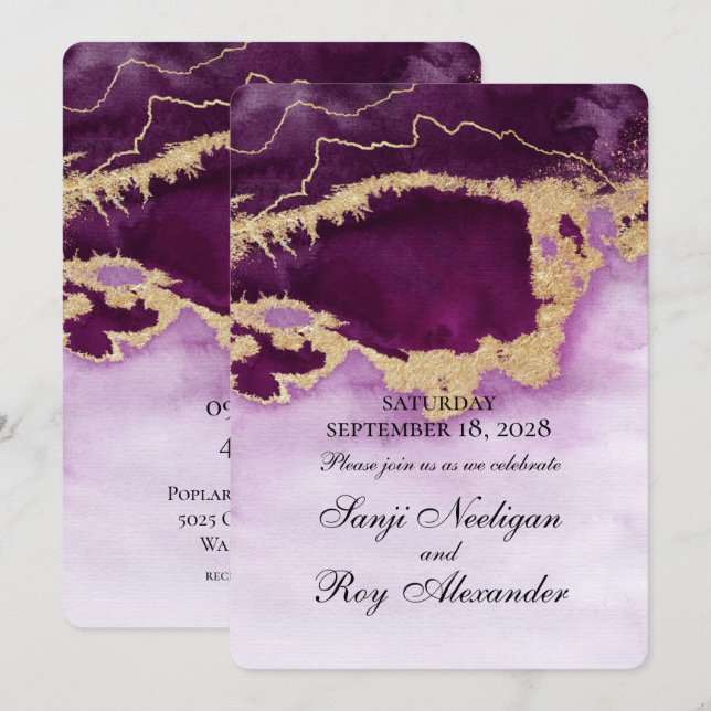 Violet And Gold Modern Painting Wedding Invitation (Front/Back)
