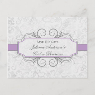 Violet and Gray Damask Save The Date Announcement Postcard