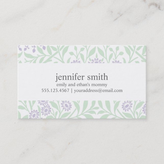 Violet and Green Floral Damask Pattern Calling Card (Front)
