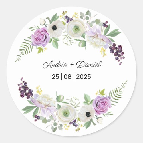 Violet and Green Rustic Flowers Wedding  Classic Round Sticker