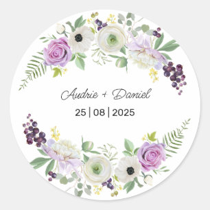 Violet and Green Rustic Flowers Wedding Classic Round Sticker