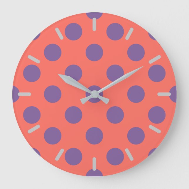 Violet and living coral polka dots large clock (Front)