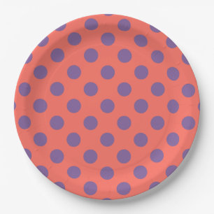 Violet and living coral polka dots paper plates