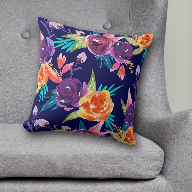 Violet and Orange Floral on Navy Blue Throw Pillow (Creator Uploaded)