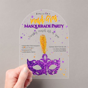 Violet and Orange Sparkles Mask Mardi Gras Party Acrylic Invitations