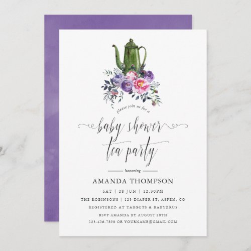 Violet and Pink Floral Baby Shower Tea Party Invitation