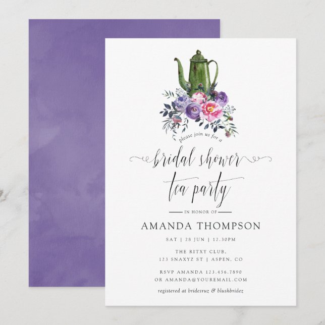 Violet and Pink Floral Bridal Shower Tea Party Invitation (Front/Back)
