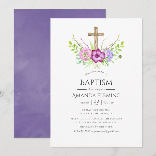 Violet and Plum Floral Baptism or Christening Invitation (Front/Back)