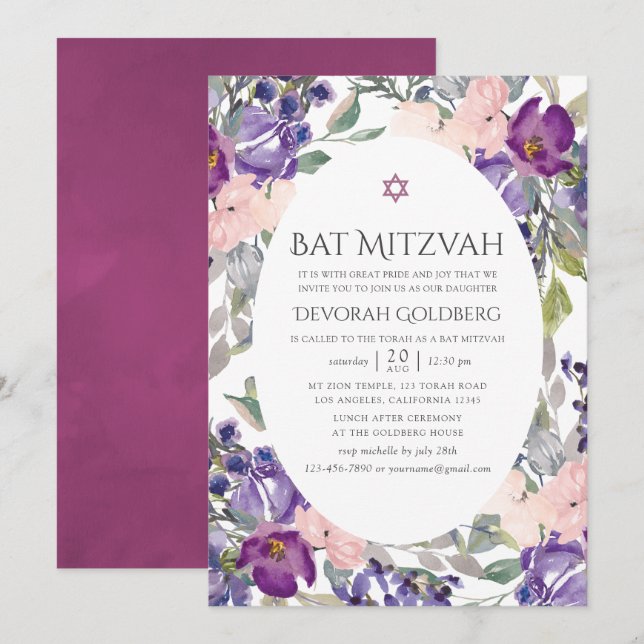 Violet and Plum Floral Bat Mitzvah Invitation (Front/Back)