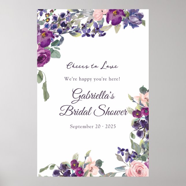 Violet and Plum Floral Bridal Shower Wine Tasting Poster (Front)