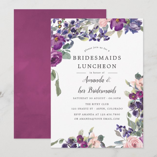 Violet and Plum Floral Bridesmaids Luncheon Invitation (Front/Back)