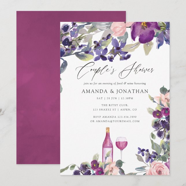 Violet and Plum Floral Couples Shower Wine Tasting Invitation (Front/Back)