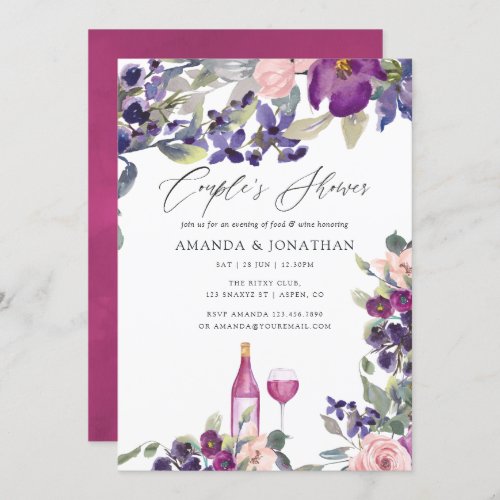 Violet and Plum Floral Couples Shower Wine Tasting Invitation