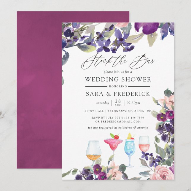 Violet and Plum Floral Couples Stock the Bar Invitation (Front/Back)