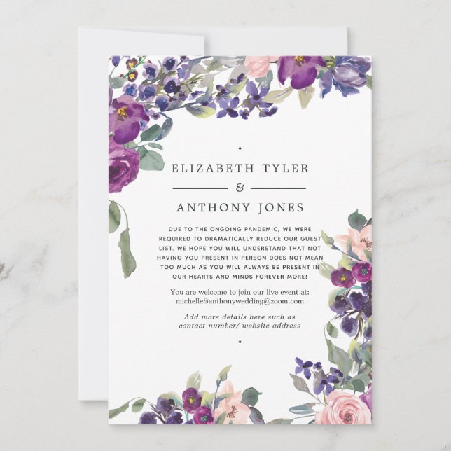 Violet and Plum Floral Reduced Wedding Guests Announcement (Front)