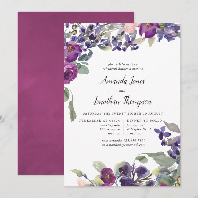 Violet and Plum Floral Rehearsal Dinner invitation (Front/Back)