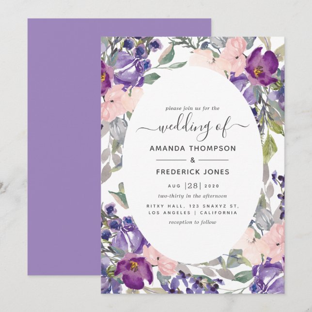 Violet and Plum Floral Wedding Invitation (Front/Back)