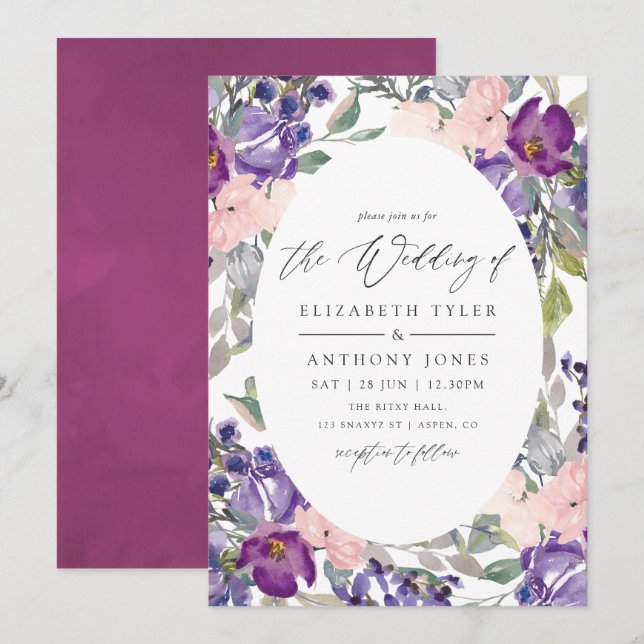 Violet and Plum Floral Wedding Invitation (Front/Back)