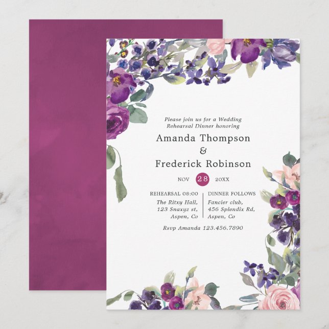 Violet and Plum Floral Wedding Rehearsal Dinner Invitation (Front/Back)