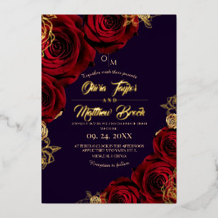 Violet and Red Flowers Gold Foil  Wedding  Invitation