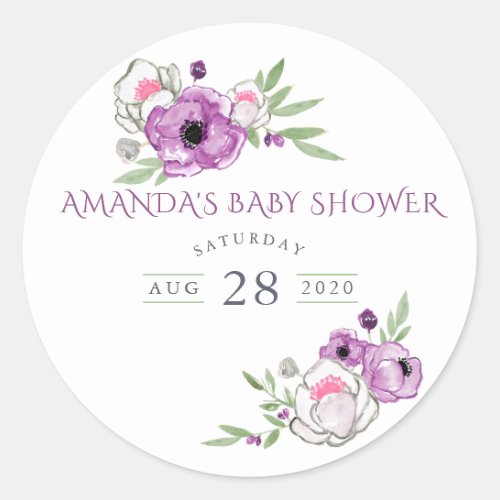 Violet and Sage Watercolor Floral Baby Shower Classic Round Sticker