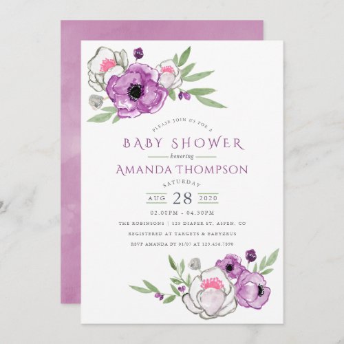 Violet and Sage Watercolor Floral Baby Shower Invitation
